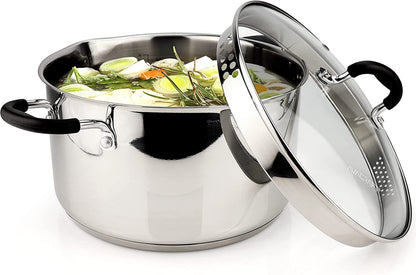 Tri-Ply Stainless Steel Saucepan with Glass Strainer Lid, Two Side Spouts, Multipurpose Sauce Pan with Lid, Sauce Pot, Cooking Pot (Tri-Ply Full Body, 3.5 Quart)