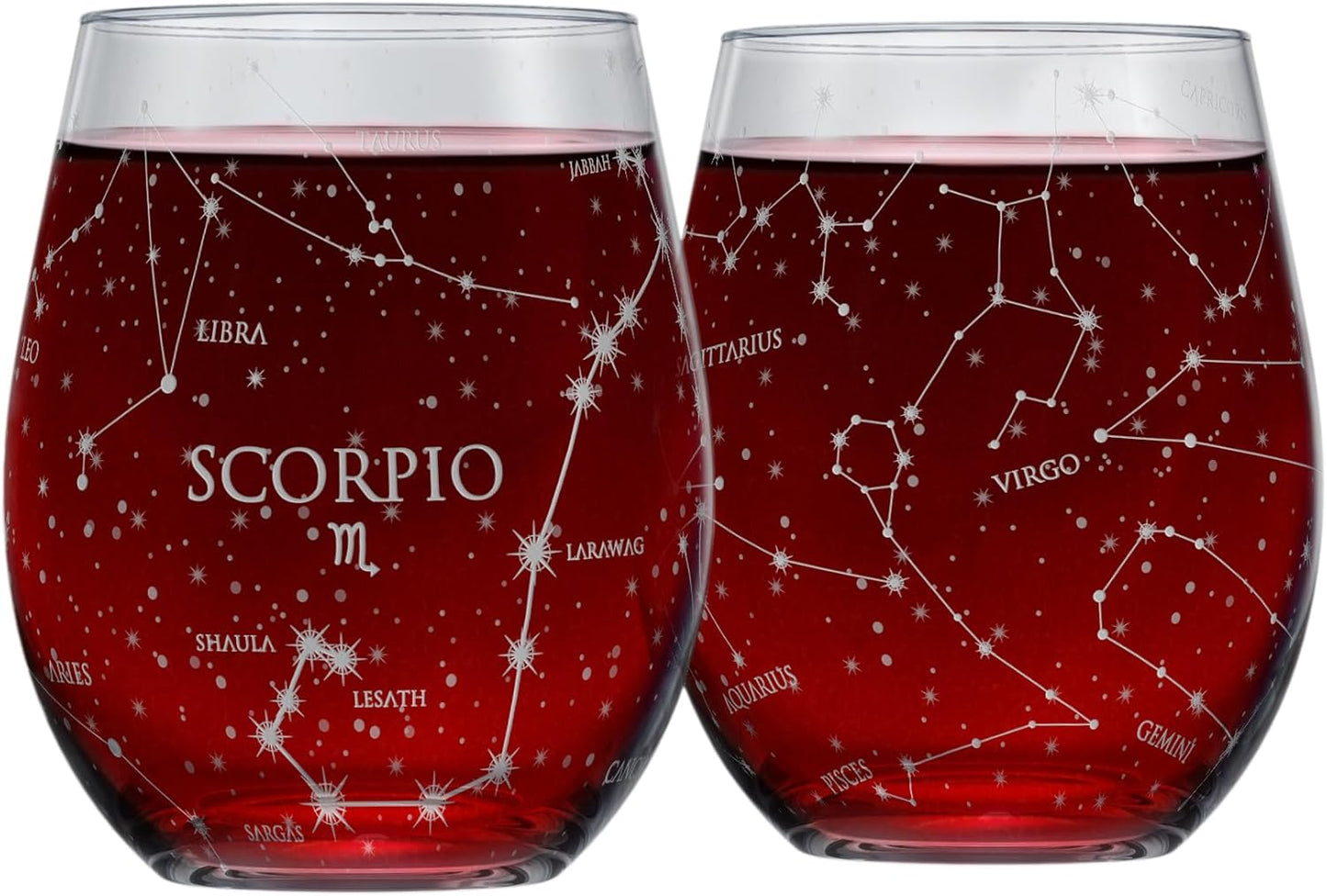 Libra Stemless Wine Glasses Zodiac Libra Set Hand Etched 15 Oz (Set of 2) - Astrology Sign Glassware