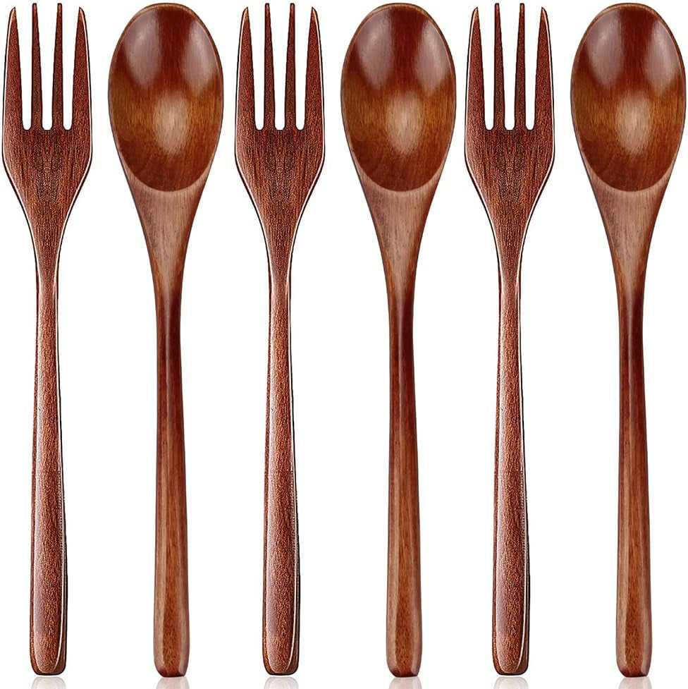 Wooden Spoon and Fork for Eating Utensil Set, Wood Cutlery, Wooden Flatware, Reusable Bamboo Utensils 