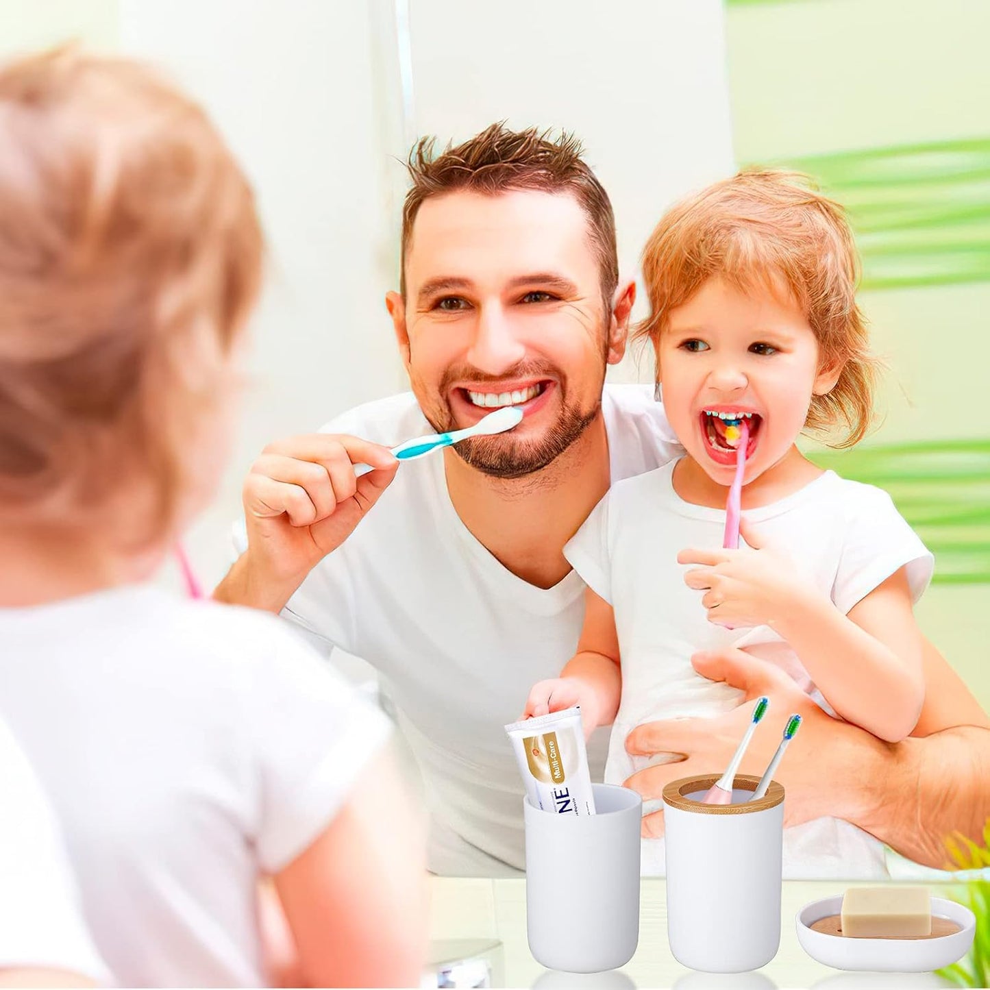 Bathroom Accessories Set with Trash Can,Toilet Brush,Toothbrush Holder, Lotion Soap Dispenser, Soap Dish,Toothbrush Cup,Qtip Holder(8Pcs White Wood Cover)