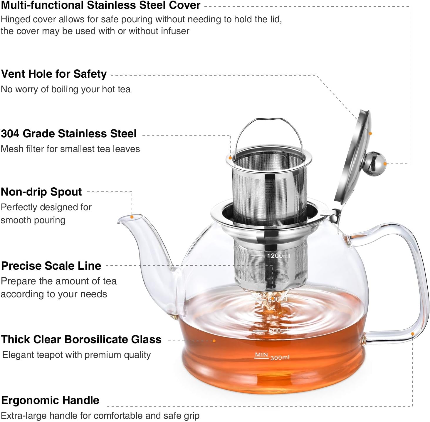 STNTUS Glass Teapot, 40 Oz. / 1200 Ml for Loose Tea, Glass Teapot with Infusers for Loose Tea, Tea Pot for Stove, Teapot with Stainless Steel Strainer, Teapot for 4-6 Cups