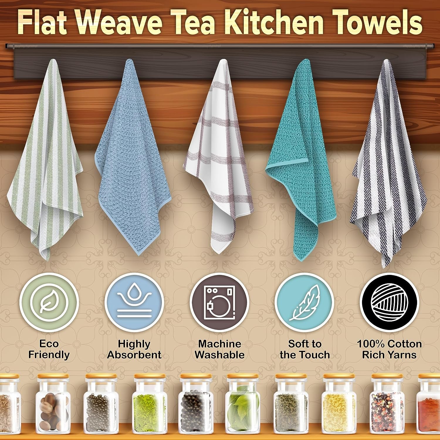 Premium Kitchen Towels (18" X 28"), Large 100% Cotton, Flat & Terry Absorbent Dish Towel Set (Black, 6 Pack)