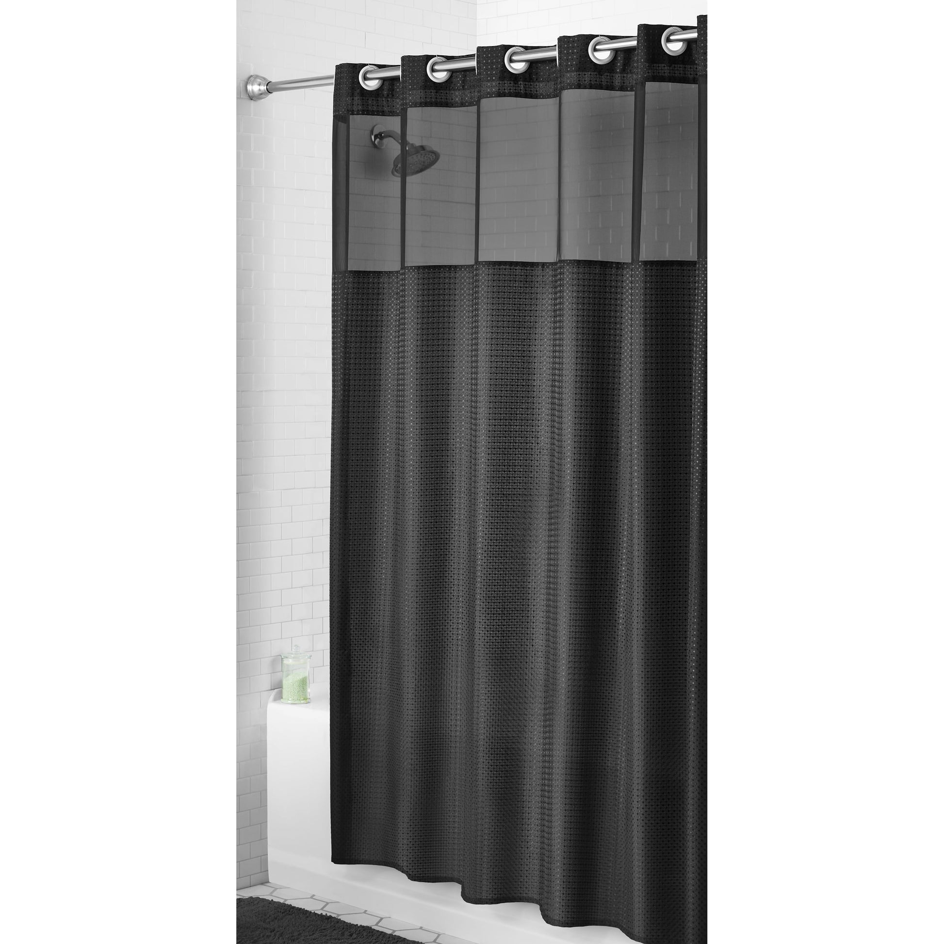 Easy Hang Gemma Fabric Shower Curtain with Built-In Rings, 70" X 74", Black