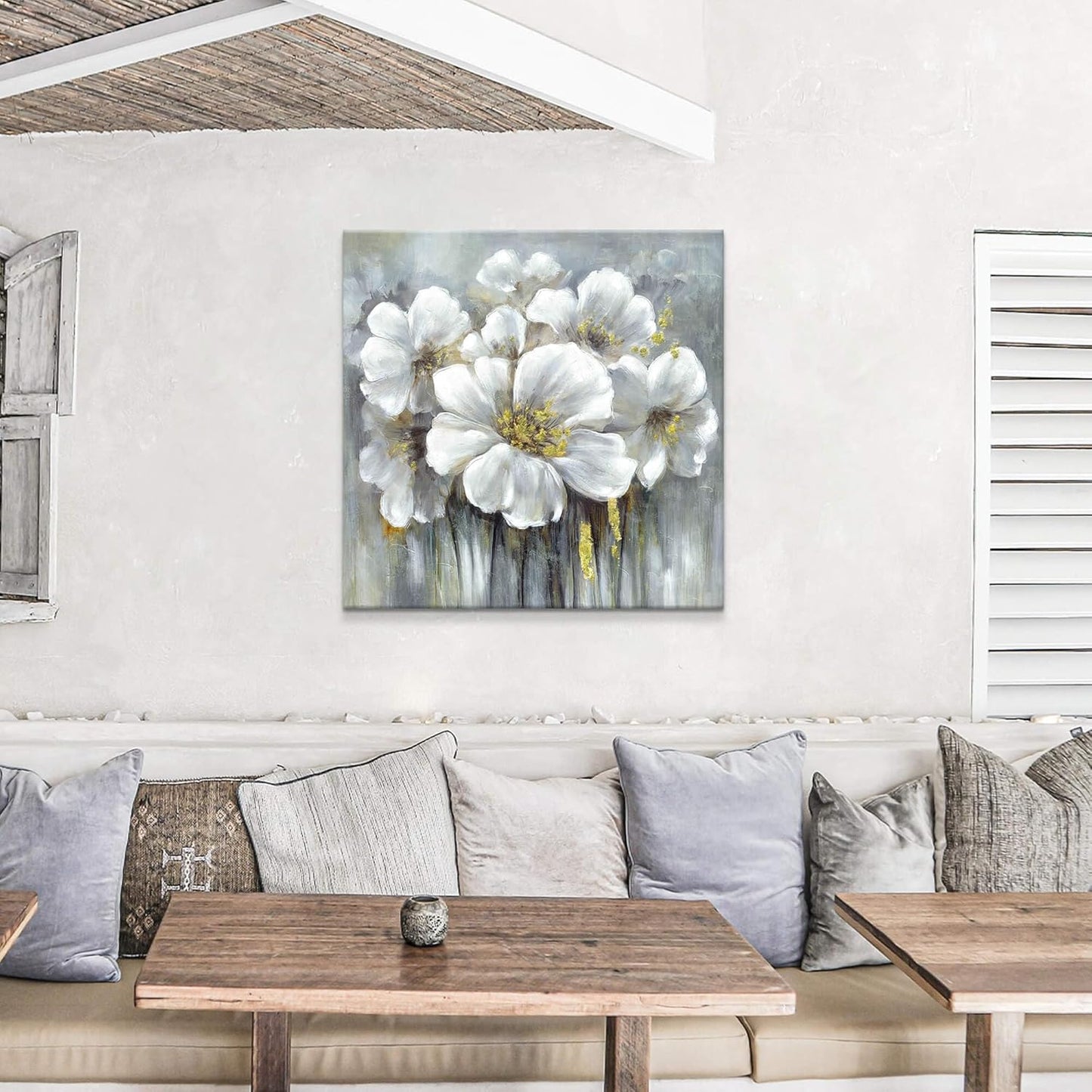 Large Flower Canvas Wall Art - Abstract Floral Painting White Blooming Floral Pictures Artwork