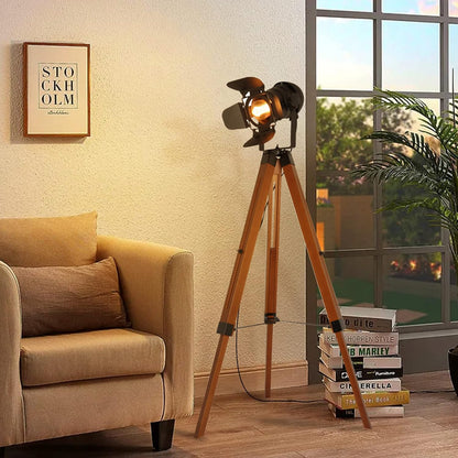 Industrial Tripod Floor Lamp for Living Room Bedroom, Vintage Standing Reading Lamp with Metal Wood Leg  (Blub Not Included)