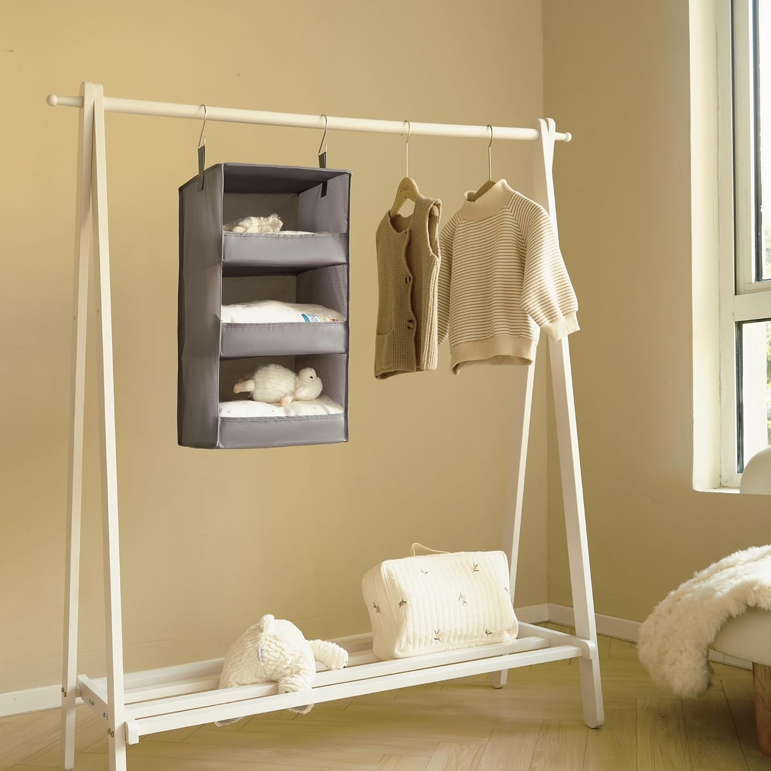 3-Shelf Hanging Closet Organizer and Storage, Collapsible Hanging Closet Shelves, Gray, 29 ½" H X 12" W X 12" D, 1-Pack