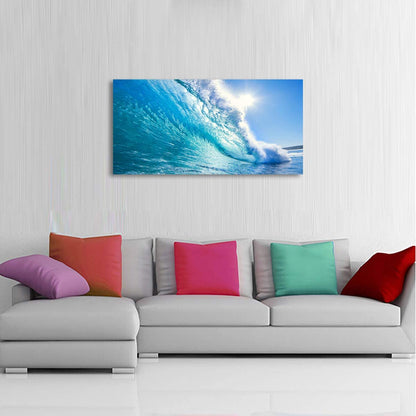 Blue Secape Canvas Prints Wall Art Blue Ocean Wave Surfing Sea Picture Paintings on Canvas, Modern Canvas Art Ready to Hang-24X48 Inches