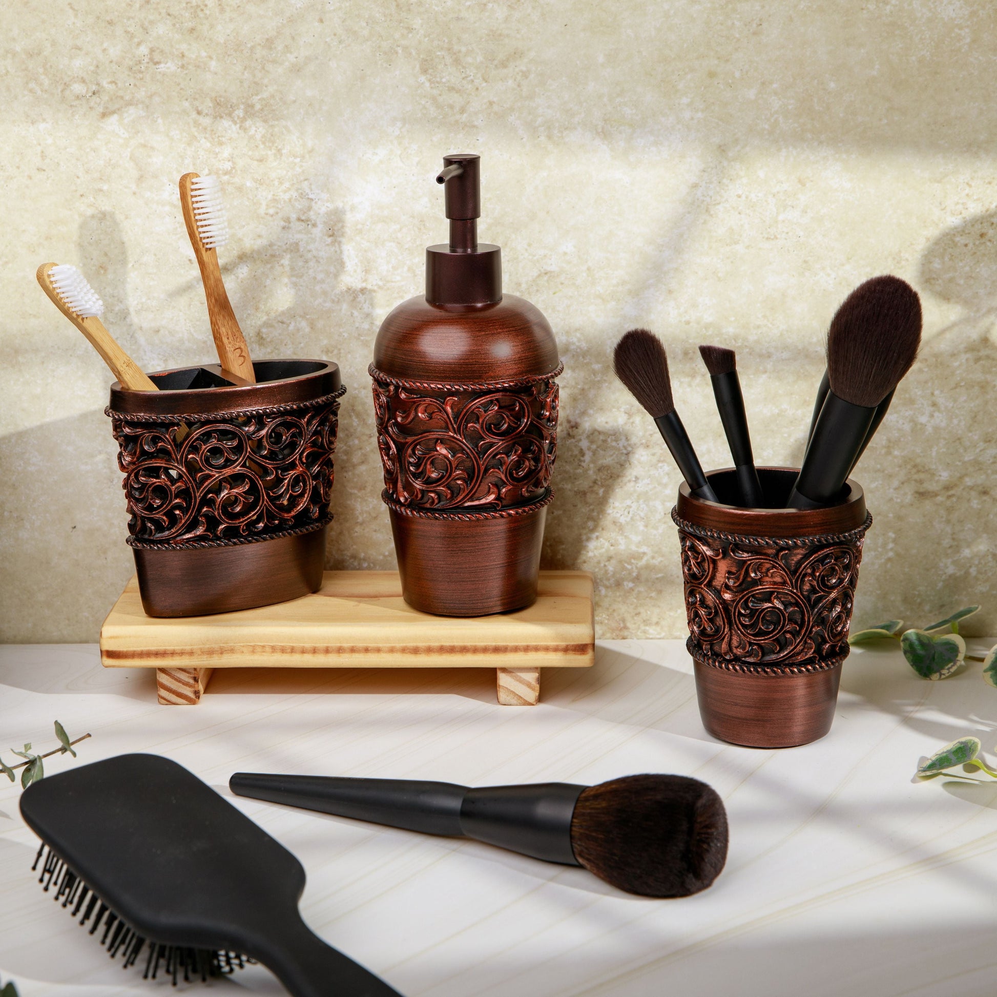 4-Piece Bronze Bathroom Accessory Set, Complete Set Includes: Toothbrush Holder, Lotion Dispenser, Tumbler and Soap Dish