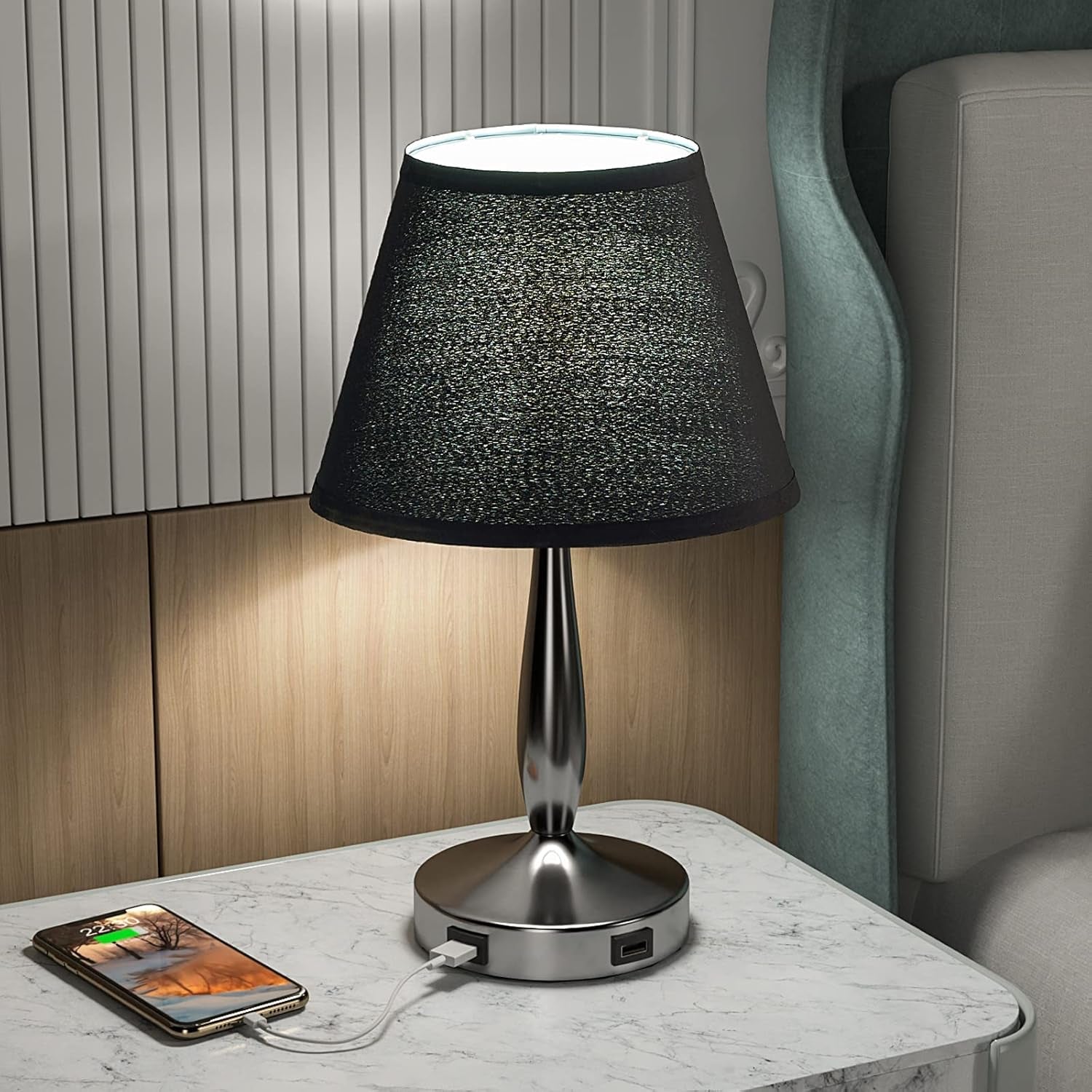 3-Way Dimmable Bedside Touch Lamps, Small Nightstand Lamps with USB Ports with Metal Base