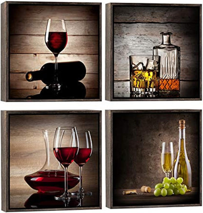 Red Wine Cups Modern Kitchen Wall Art, 4 Panels Abstract Canvas Prints Artwork, Contemporary Vintage Pictures/ Paintings on Canvas