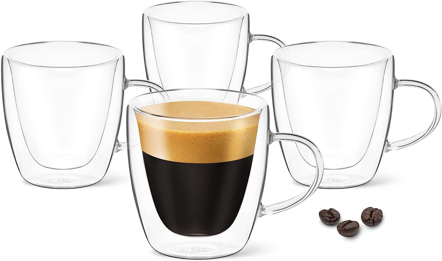 Espresso Coffee Cups 3Oz, Double Wall, Clear Glass Set of 4 Glasses with Handles, Insulated Borosilicate Glassware Tea Cup