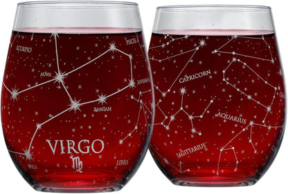 Libra Stemless Wine Glasses Zodiac Libra Set Hand Etched 15 Oz (Set of 2) - Astrology Sign Glassware