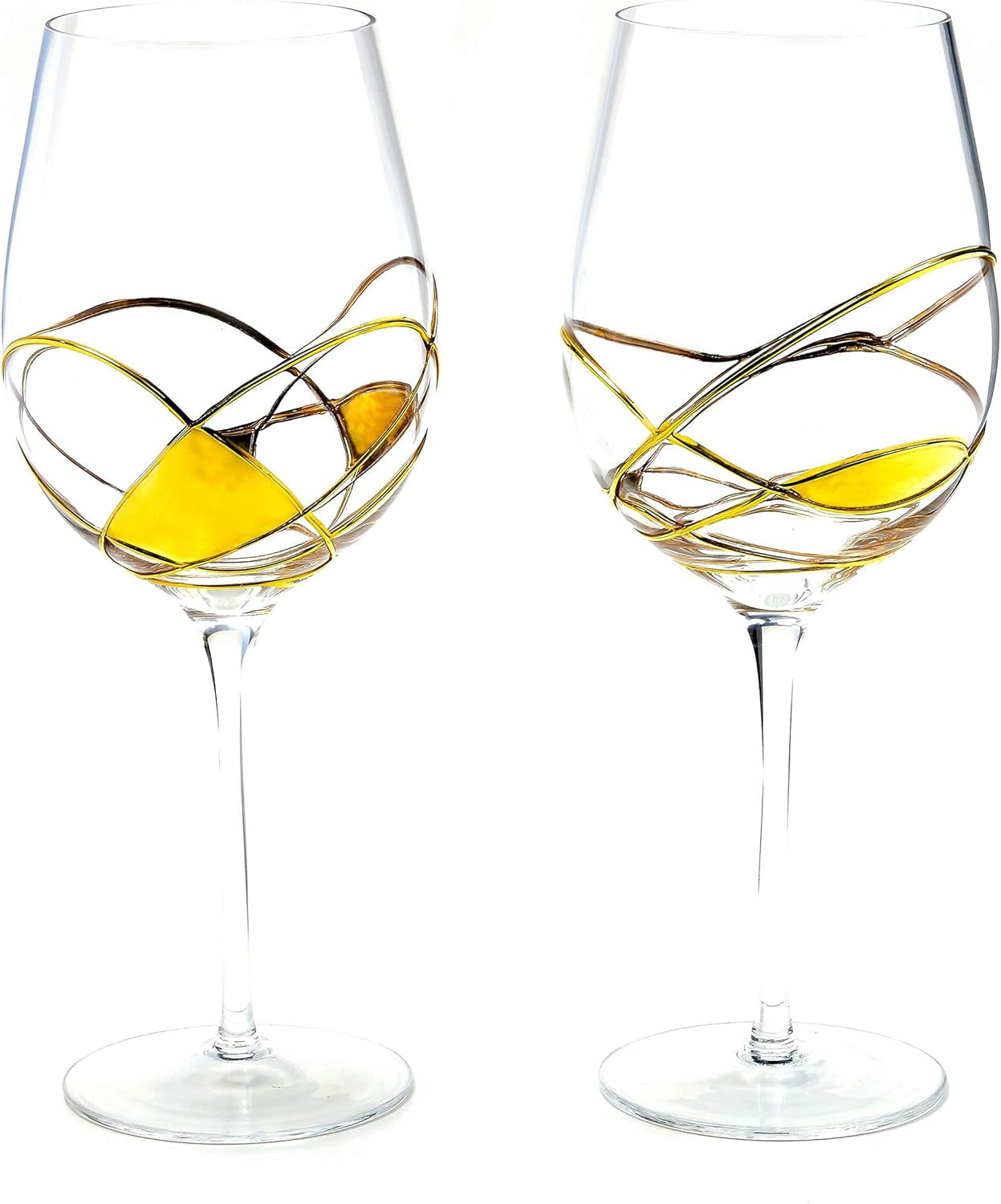 29oz. Large Wine Glasses Sagrada Painted, Hand Made Mouth Blown, Stained Crystal(Gold, Set 2)