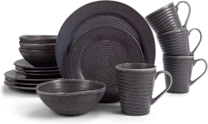 Charming Chic Ribbed Modern Thrown Pottery Look Ceramic Stoneware Plate Platter Mug & Bowl Kitchen Dish Dinnerware 16 Piece Set - Service for 4, Slate Grey