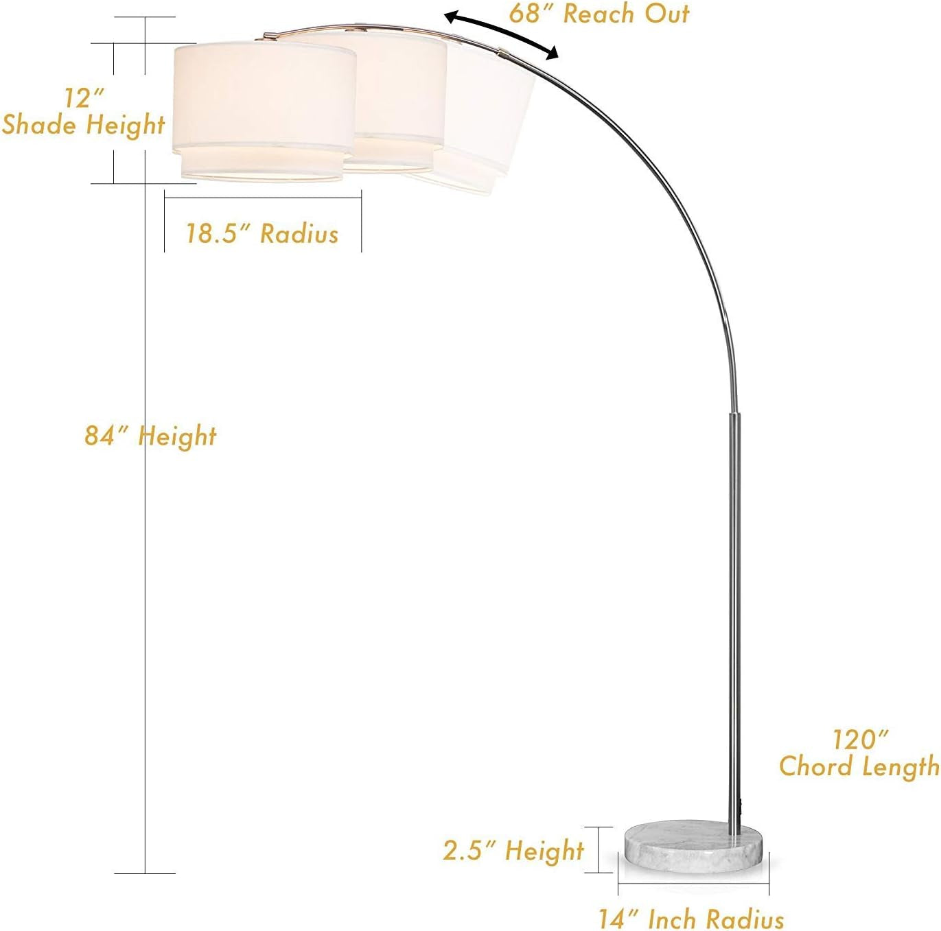 Modern 81" Arc Tall X-Large Living Room-Stand up Arching Drum Shade Large Floor Lamp with Real Marble Base -Corner Lamp (White)