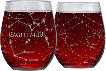 Libra Stemless Wine Glasses Zodiac Libra Set Hand Etched 15 Oz (Set of 2) - Astrology Sign Glassware