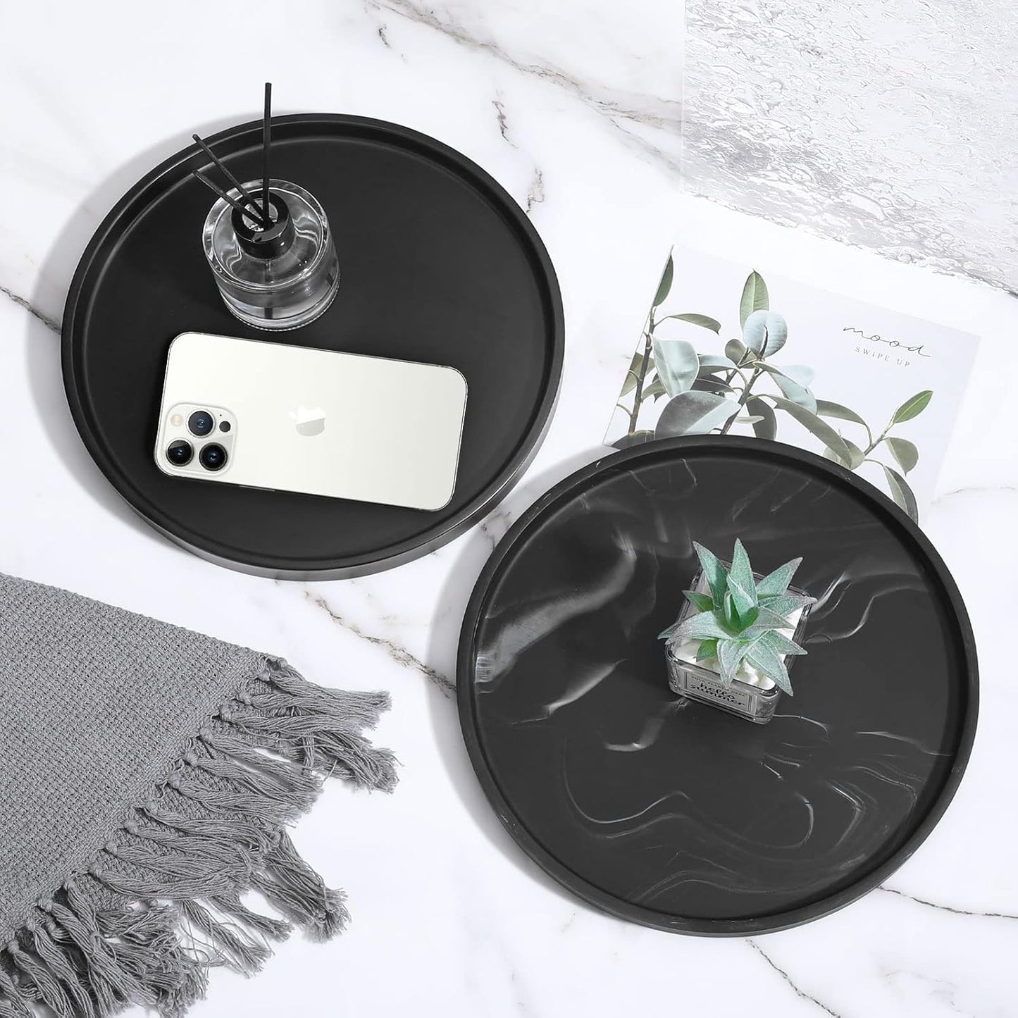 round Vanity Tray, 11 Inch, Matte Black Resin, Countertop Organizer Tray for Perfume, Jewelry, Candle, Coffee Table Decorative Tray