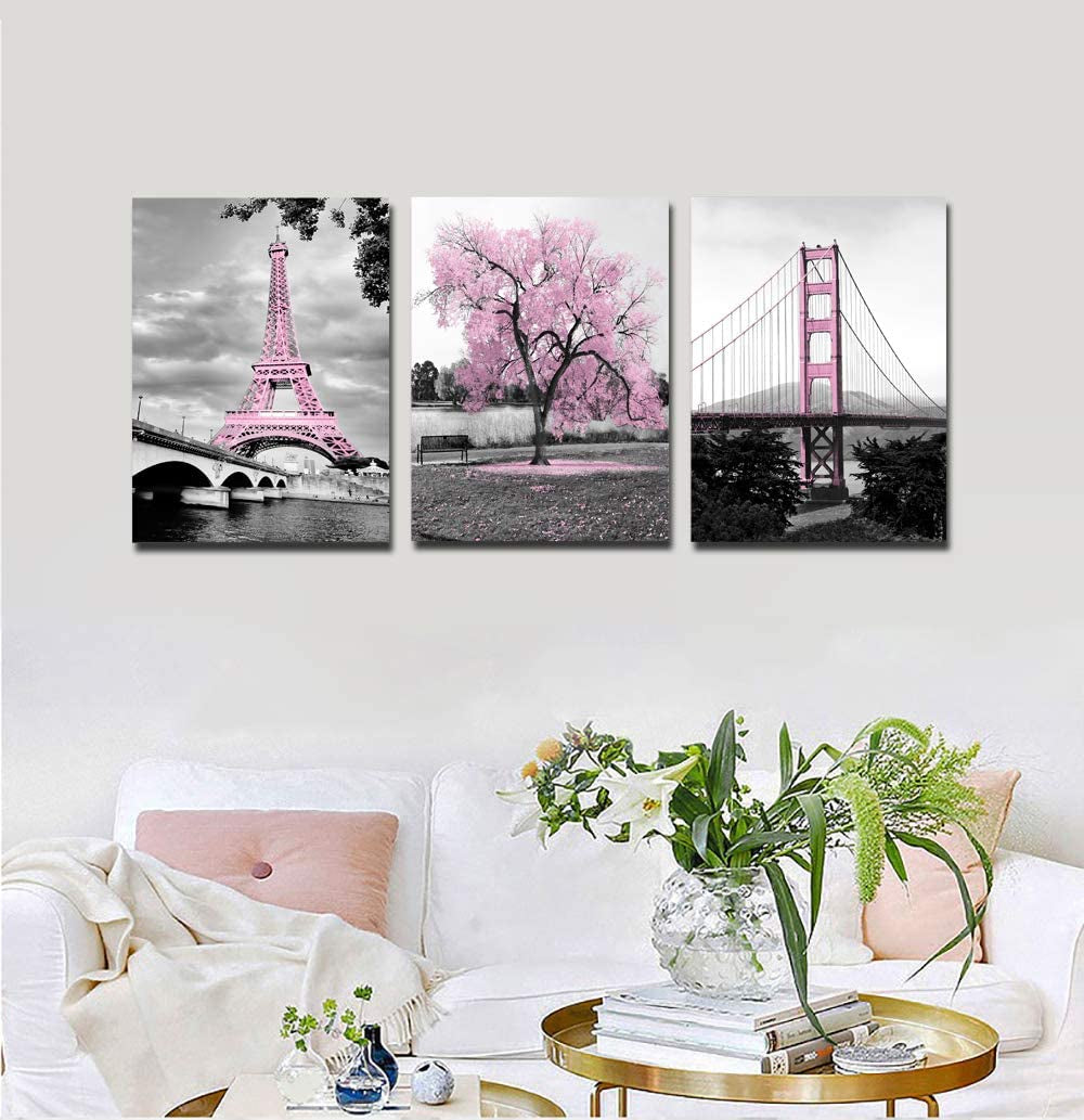 Wall Art for Bedroom Pink Tree Paris Eiffel Tower Golden Gate Bridge Romantic Black and White City Pictures Prints on Canvas