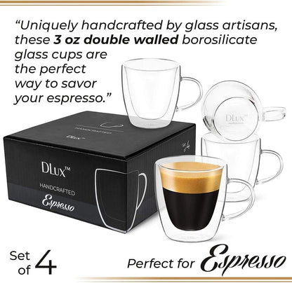 Espresso Coffee Cups 3Oz, Double Wall, Clear Glass Set of 4 Glasses with Handles, Insulated Borosilicate Glassware Tea Cup