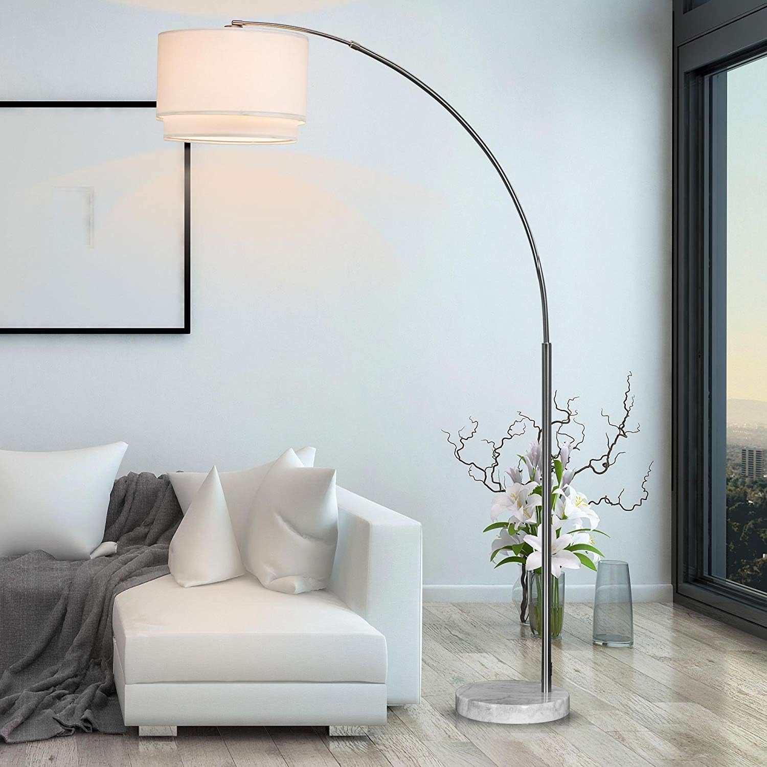 Modern 81" Arc Tall X-Large Living Room-Stand up Arching Drum Shade Large Floor Lamp with Real Marble Base -Corner Lamp (White)