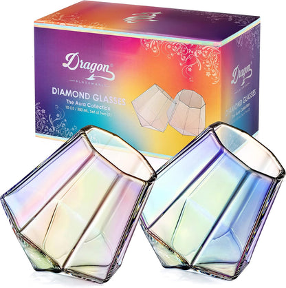 Whiskey Glasses - 10 Oz Iridescent Diamond Shaped Whiskey Glasses Set of 2 - Wine and Bourbon Glass That Naturally Aerates