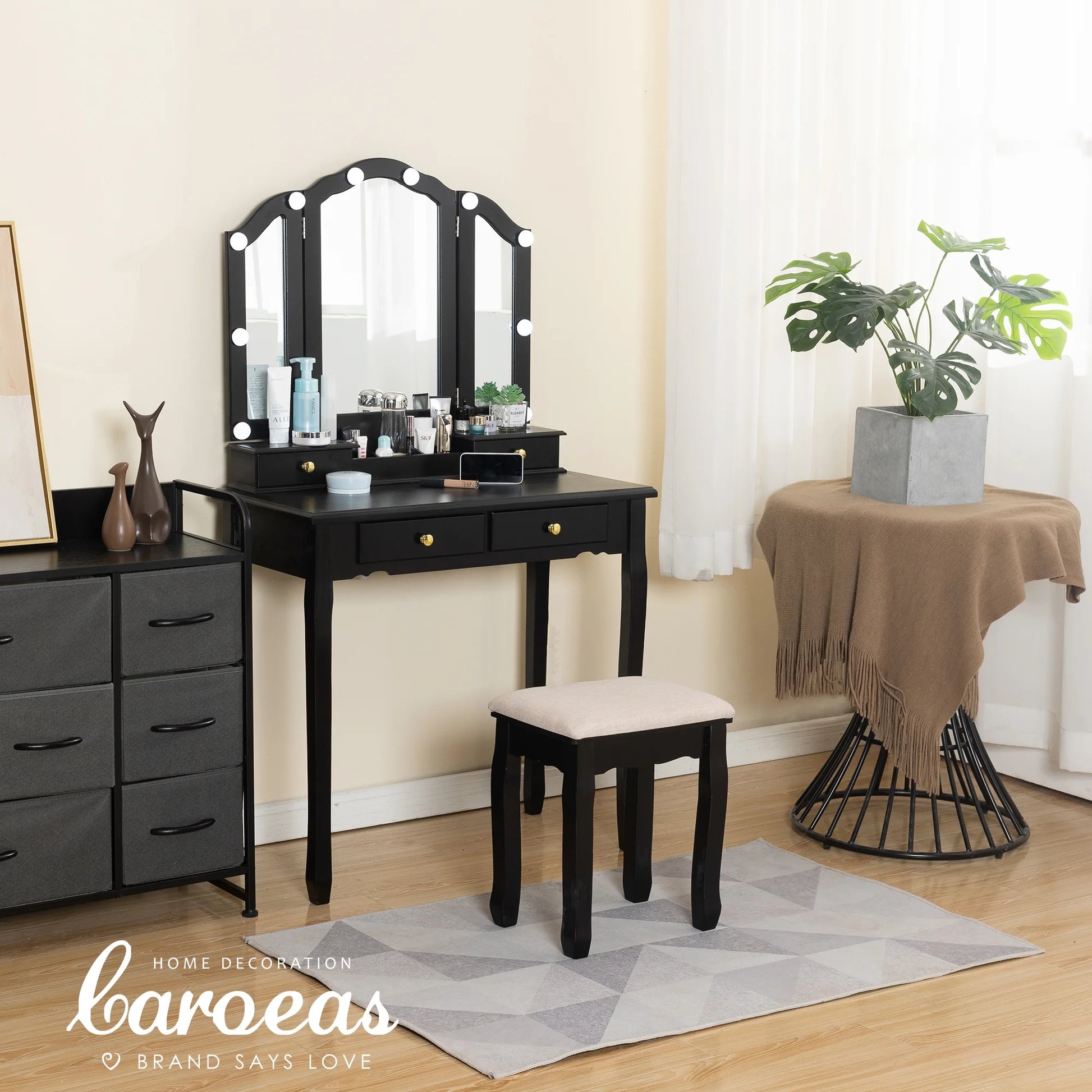 Vanity, Tri-Fold Makeup Vanity with Mirror, Lights and Padded Vanity Stool, Vintage Solid Wooden Vanity Set for Bedroom, 5 Drawers, 2 Brush Slots and 2 Open Compartments, Black Finish