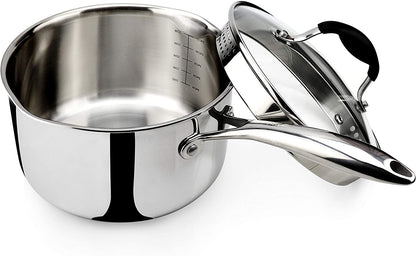 Tri-Ply Stainless Steel Saucepan with Glass Strainer Lid, Two Side Spouts, Multipurpose Sauce Pan with Lid, Sauce Pot, Cooking Pot (Tri-Ply Full Body, 3.5 Quart)