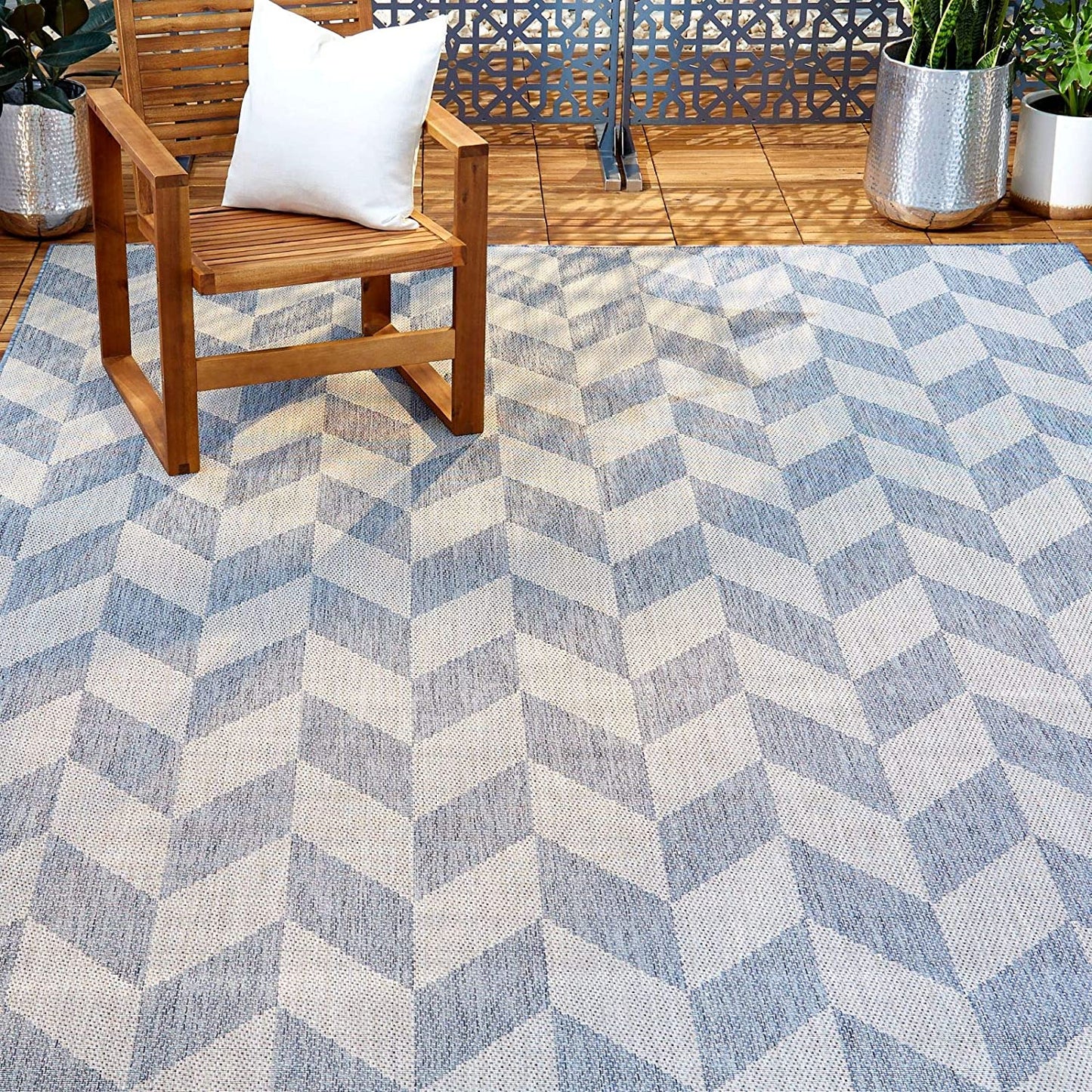 Patio Country Calla Contemporary Herringbone Indoor/Outdoor Area Rug, Blue/Grey, 7'9"X10'2"