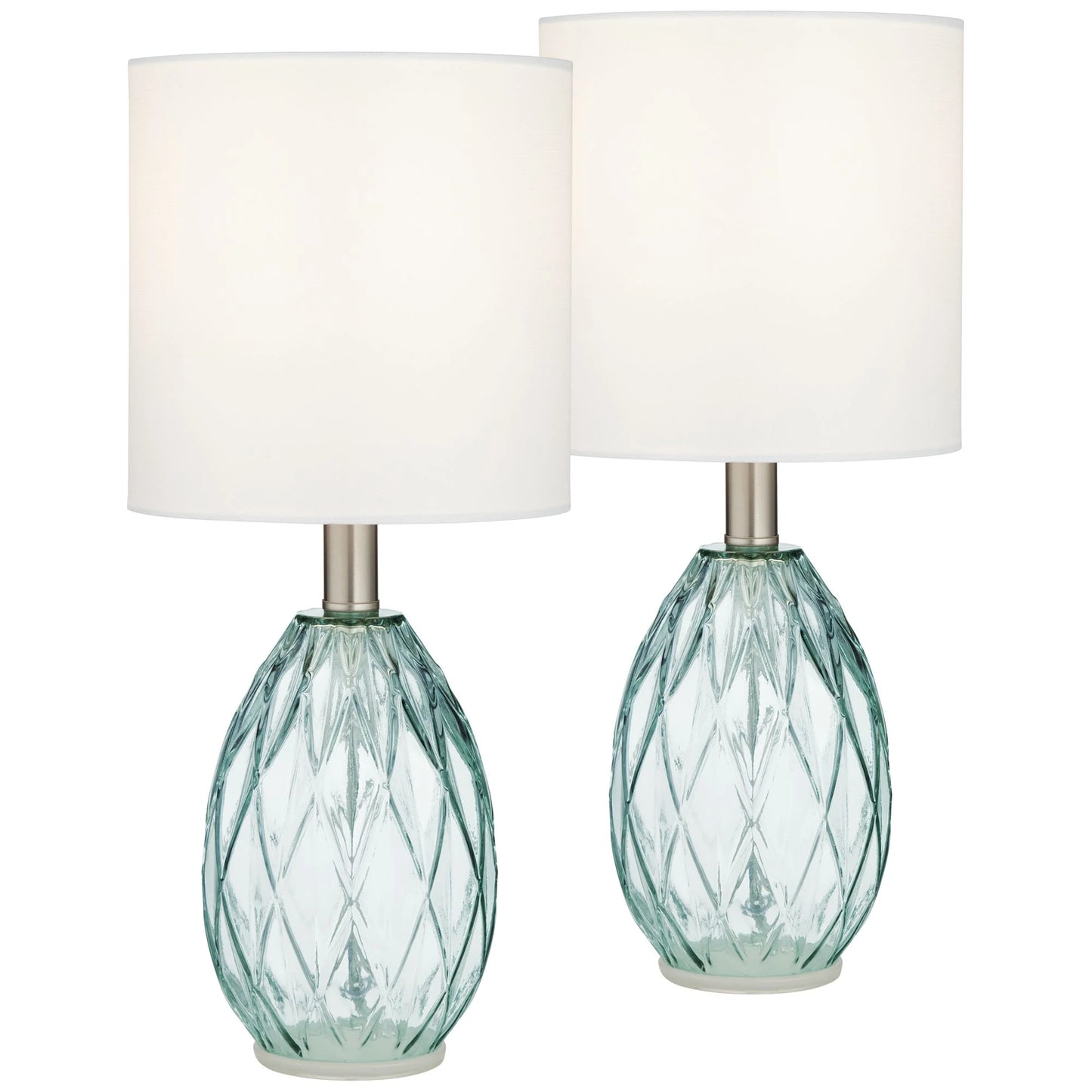 Modern Accent Table Lamps 14 3/4" High Set of 2 Diamond Blue Green Glass Fabric Drum Shade (Color May Vary)