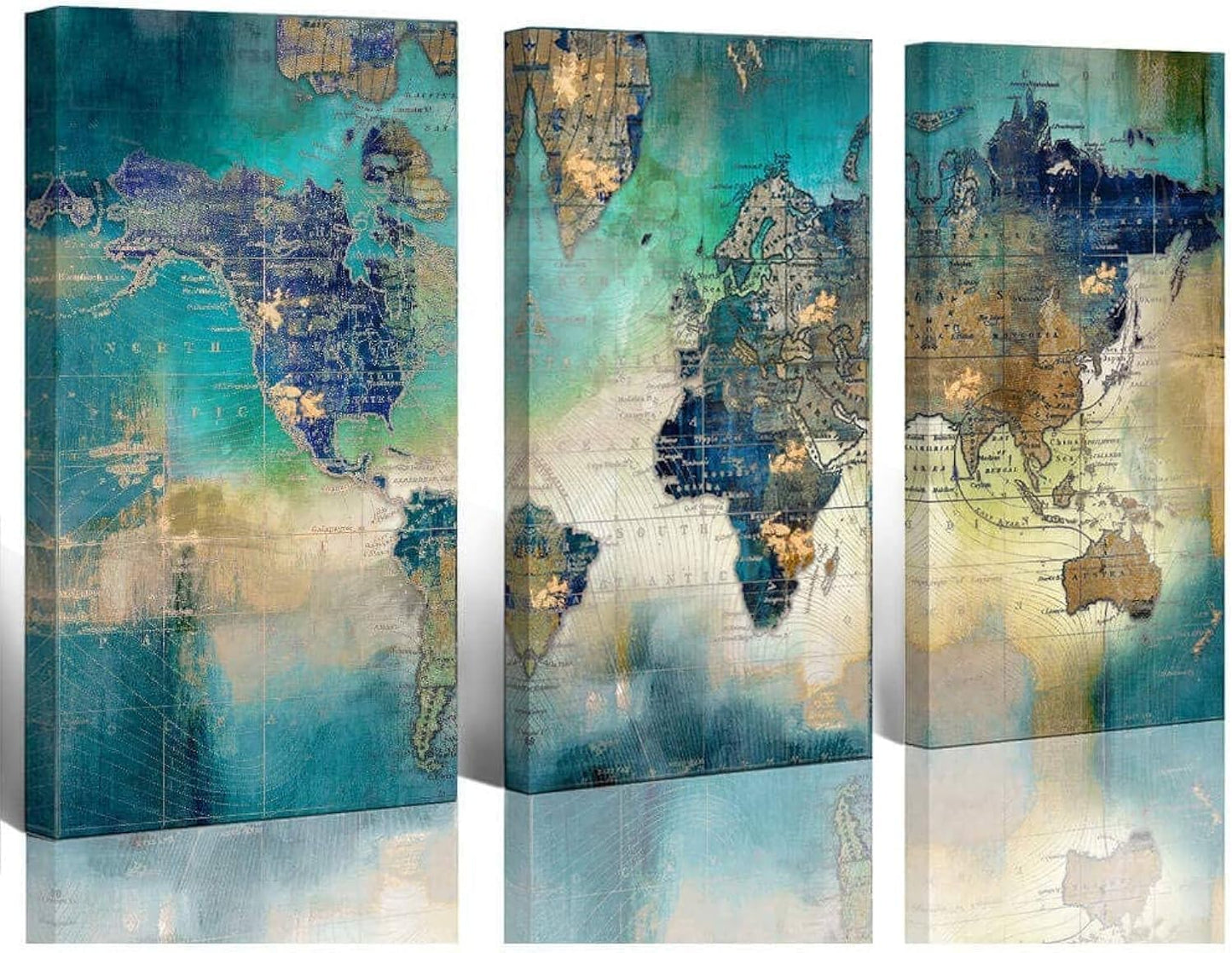  World Map Wall Decor - Large Wall Art,  Artwork- Map Wall Art 16"X32" 3 Piece Canvas Wall Art