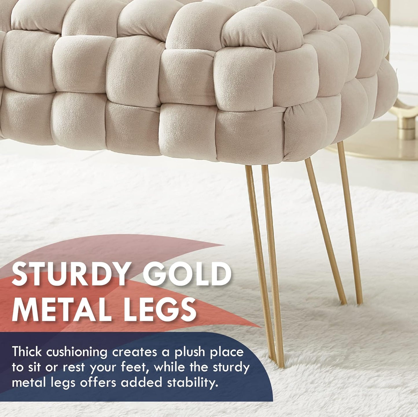 Mirage Modern Contemporary Woven Upholstered Velvet Long Bench Ottoman with Gold Metal Legs - Cream