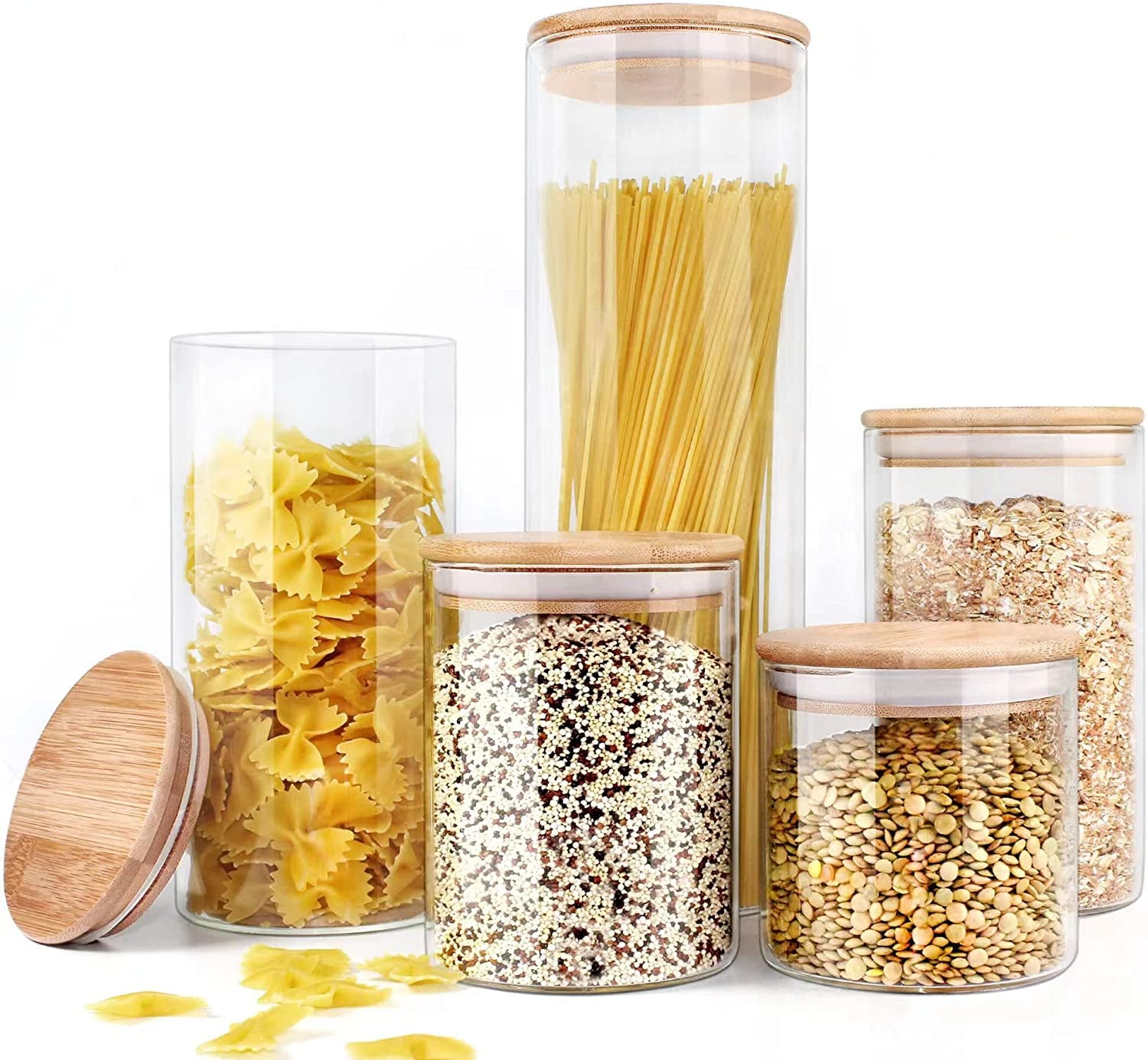 Glass Jar with Bamboo Lids, Glass Airtight Food Storage Containers, Glass Canister Set, Spice Jar, Glass Storage Containers with Lids, Pantry Organization and Storage Set of 5