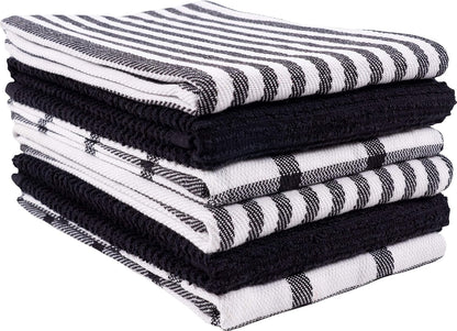 Premium Kitchen Towels (18" X 28"), Large 100% Cotton, Flat & Terry Absorbent Dish Towel Set (Black, 6 Pack)