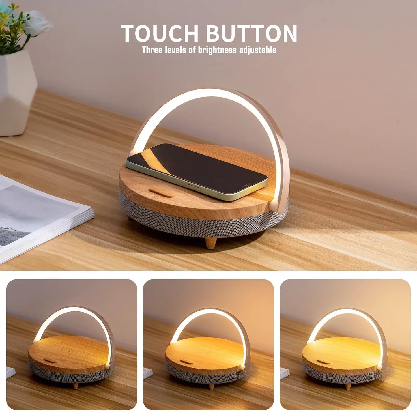 Multifuction Wireless Charger Bluetooth Speaker for Iphone 14 &15 Wooden Table Lamp High Power Charging Light Speaker Bluetooth