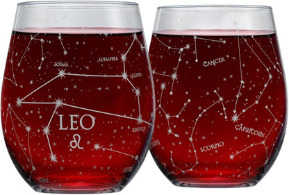 Libra Stemless Wine Glasses Zodiac Libra Set Hand Etched 15 Oz (Set of 2) - Astrology Sign Glassware