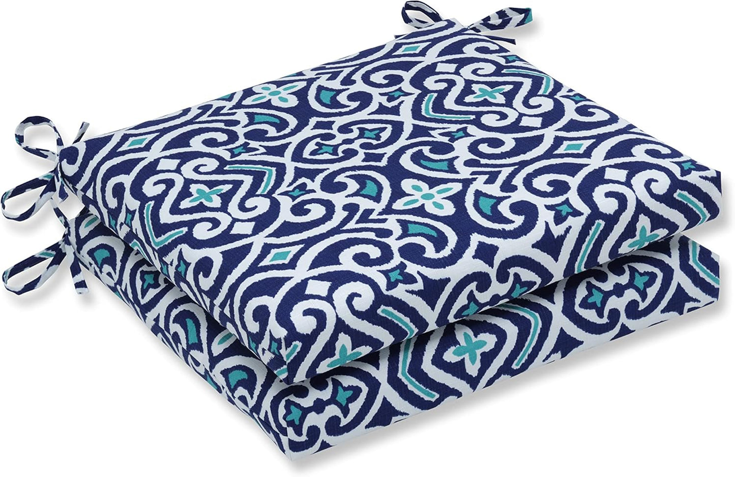 Damask Indoor/Outdoor Chair Seat Cushion with Ties Squared Corner, Plush Fiber Fill, Weather, and Fade Resistant, 20" X 20", Blue Basalto Navy 2 Count