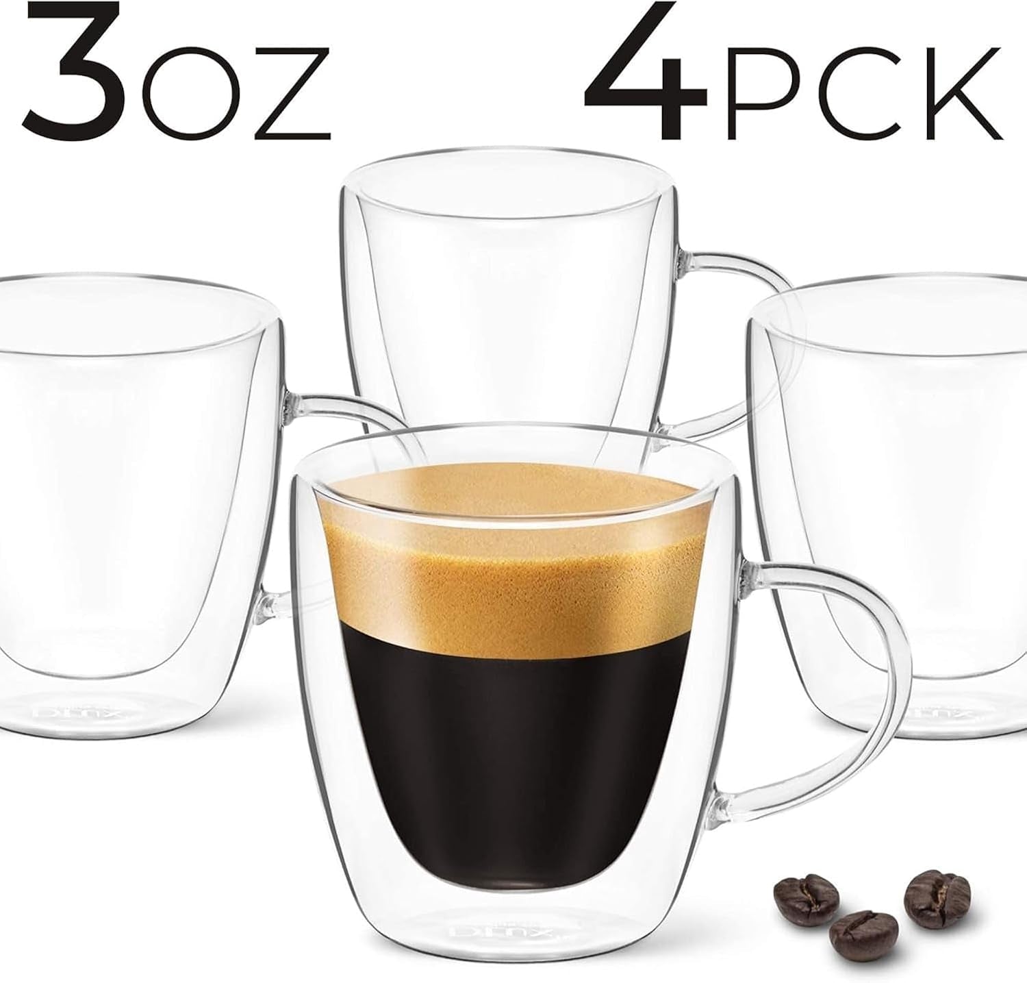 Espresso Coffee Cups 3Oz, Double Wall, Clear Glass Set of 4 Glasses with Handles, Insulated Borosilicate Glassware Tea Cup