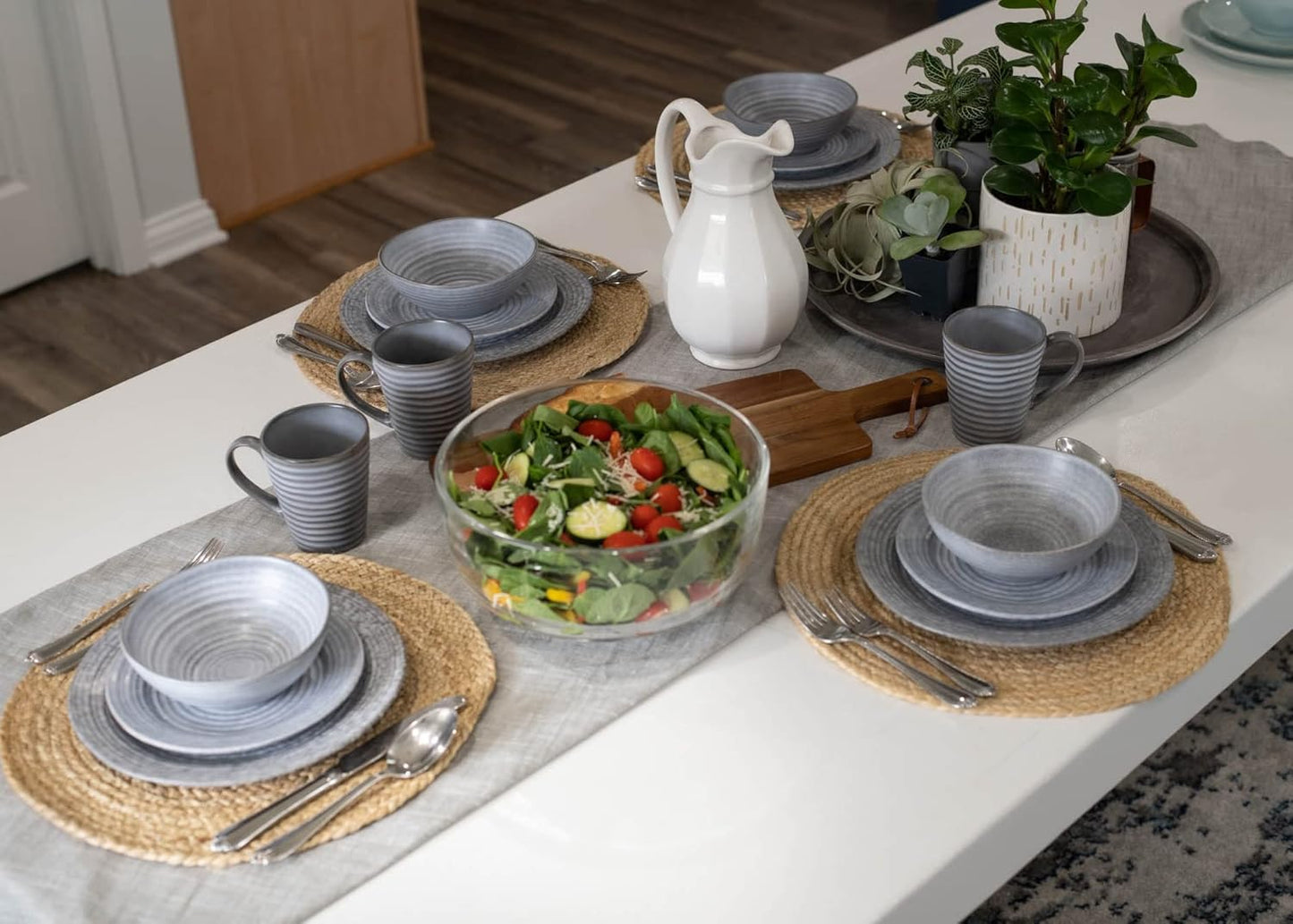 Charming Chic Ribbed Modern Thrown Pottery Look Ceramic Stoneware Plate Platter Mug & Bowl Kitchen Dish Dinnerware 16 Piece Set - Service for 4, Slate Grey