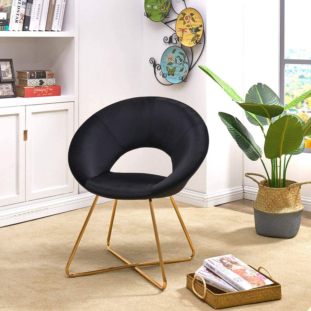 Mid- Centry Inspired Modern Accent Velvet Chairs Dining Chairs Single Sofa Comfy Upholstered Arm Chair with Golden Metal Frame Legs 1 PCS Black