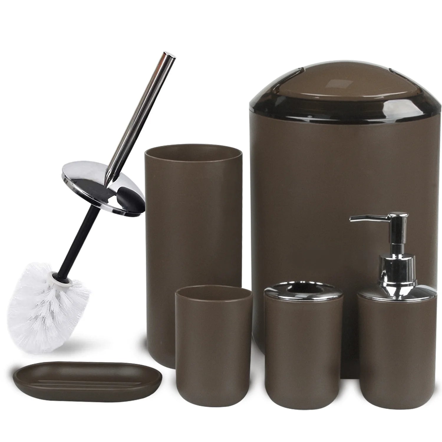 Bathroom Accessories Set 6 Pcs Bathroom Set Ensemble (Complete With Soap Dispenser, Toothbrush Holder, Tumbler, Soap Dish, Toilet Cleaning Brush, Trash Can) Brown