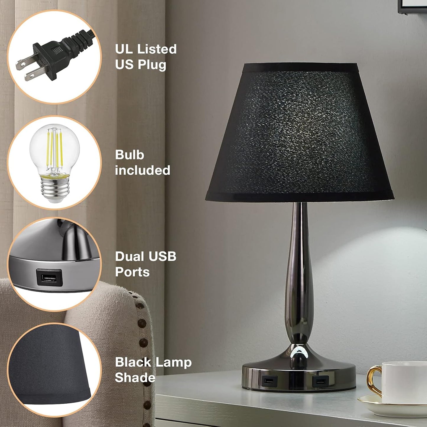 3-Way Dimmable Bedside Touch Lamps, Small Nightstand Lamps with USB Ports with Metal Base