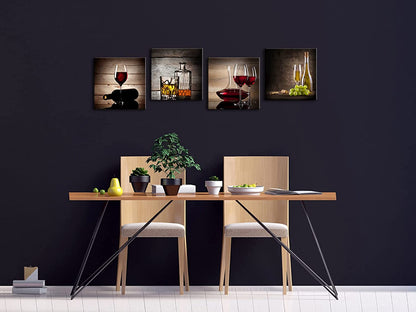 Red Wine Cups Modern Kitchen Wall Art, 4 Panels Abstract Canvas Prints Artwork, Contemporary Vintage Pictures/ Paintings on Canvas