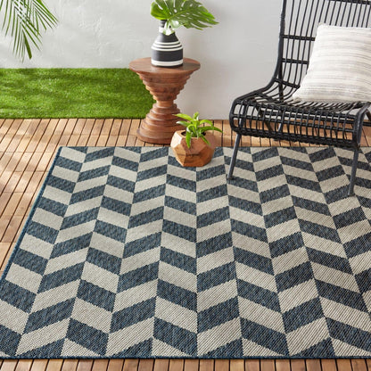 Patio Country Calla Contemporary Herringbone Indoor/Outdoor Area Rug, Blue/Grey, 7'9"X10'2"