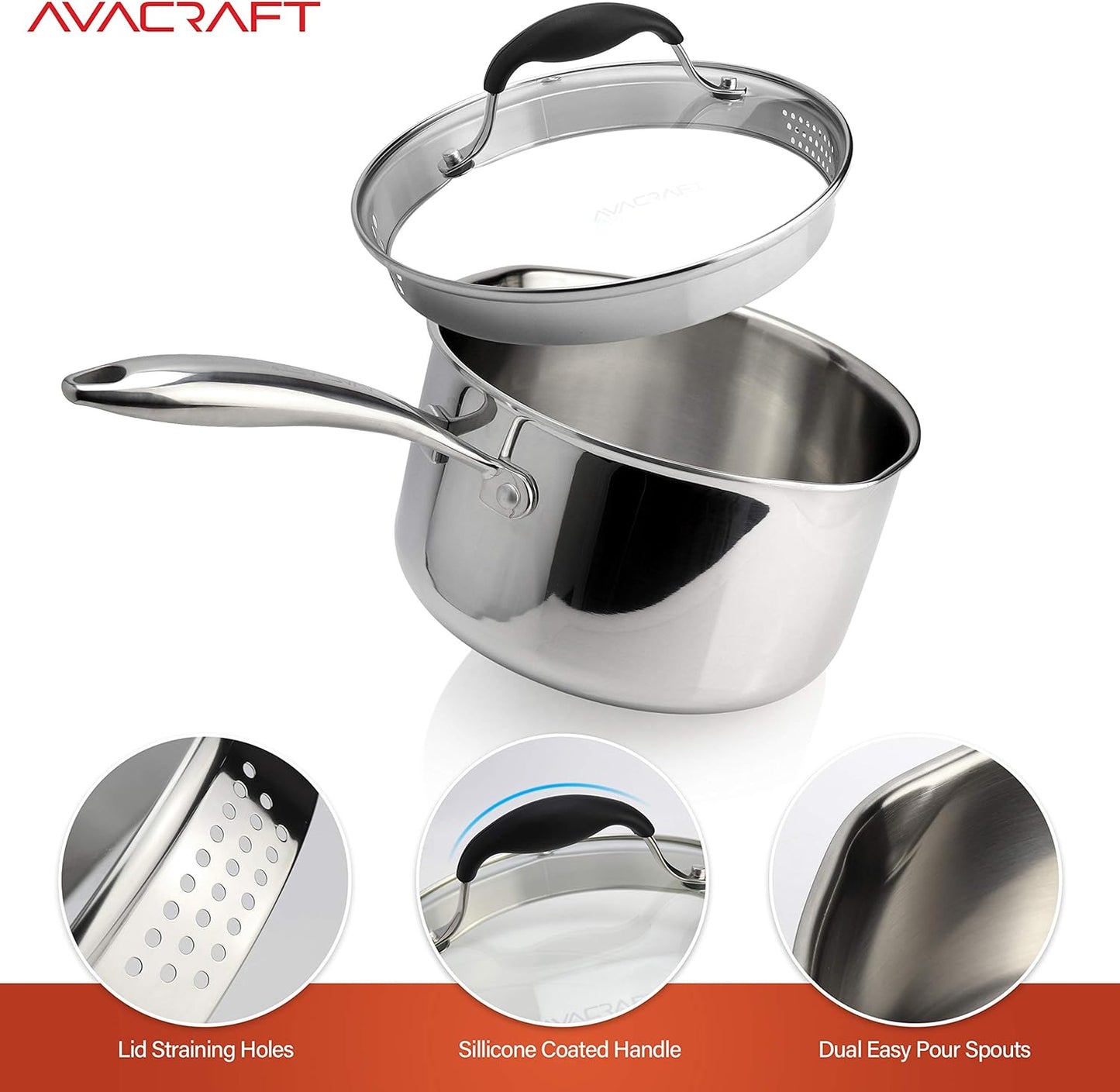 Tri-Ply Stainless Steel Saucepan with Glass Strainer Lid, Two Side Spouts, Multipurpose Sauce Pan with Lid, Sauce Pot, Cooking Pot (Tri-Ply Full Body, 3.5 Quart)