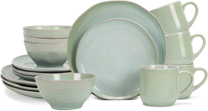 Reactive Glaze Farmhouse Rustic Boho Ceramic Stoneware Dinnerware 16 Piece Plate Bowl Mug Dish Set - Service for 4, Ice Blue