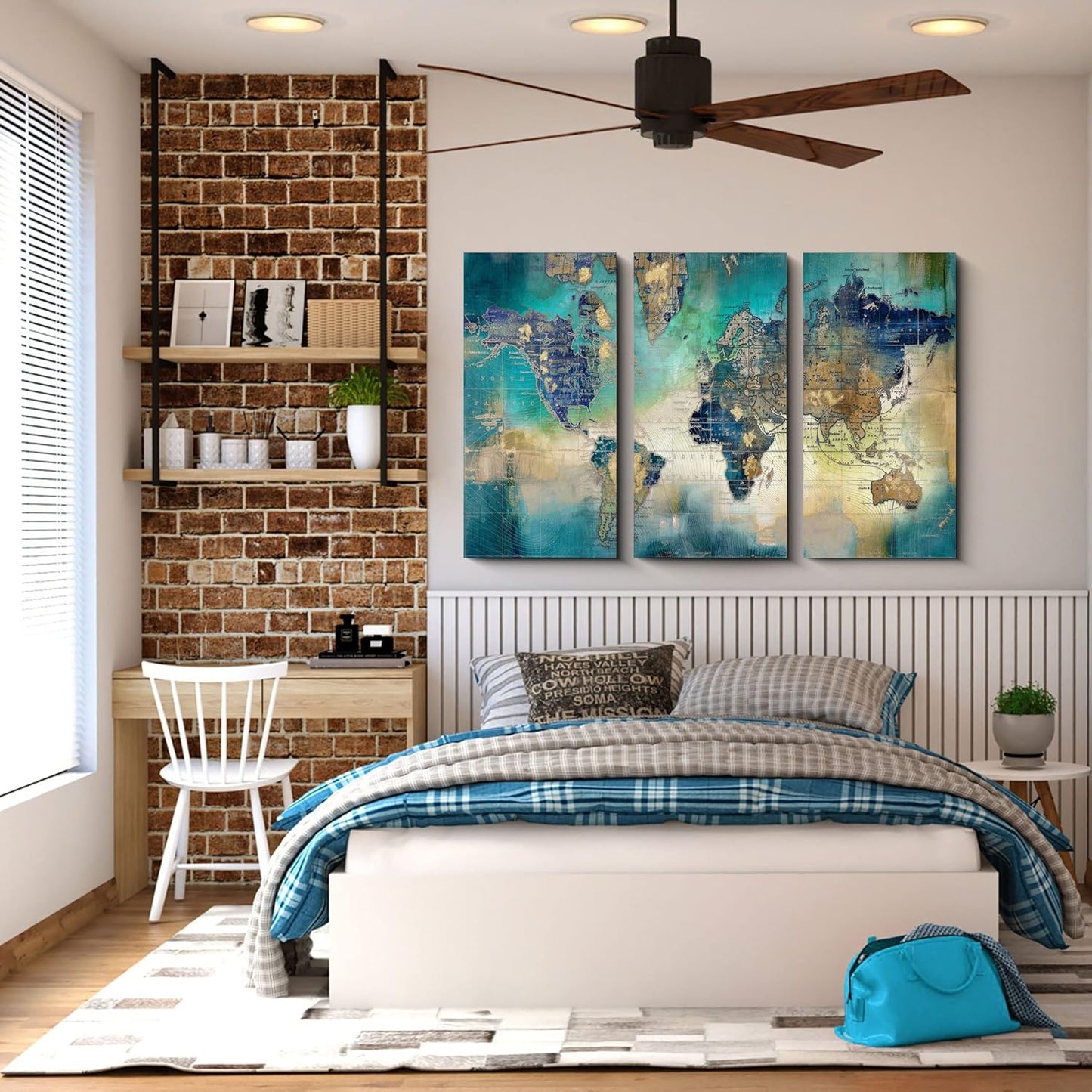  World Map Wall Decor - Large Wall Art,  Artwork- Map Wall Art 16"X32" 3 Piece Canvas Wall Art