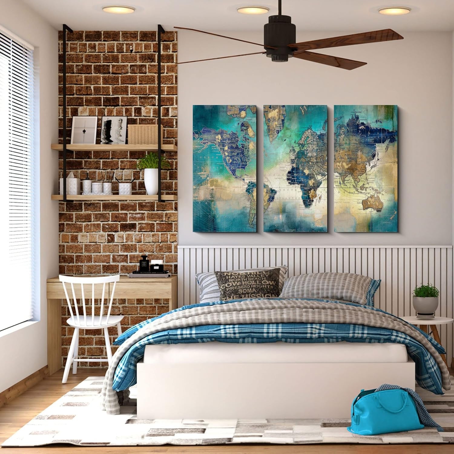  World Map Wall Decor - Large Wall Art,  Artwork- Map Wall Art 16"X32" 3 Piece Canvas Wall Art