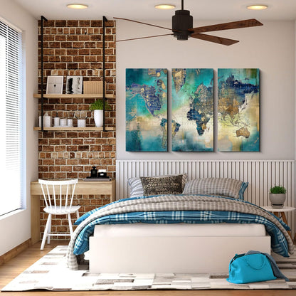  World Map Wall Decor - Large Wall Art,  Artwork- Map Wall Art 16"X32" 3 Piece Canvas Wall Art