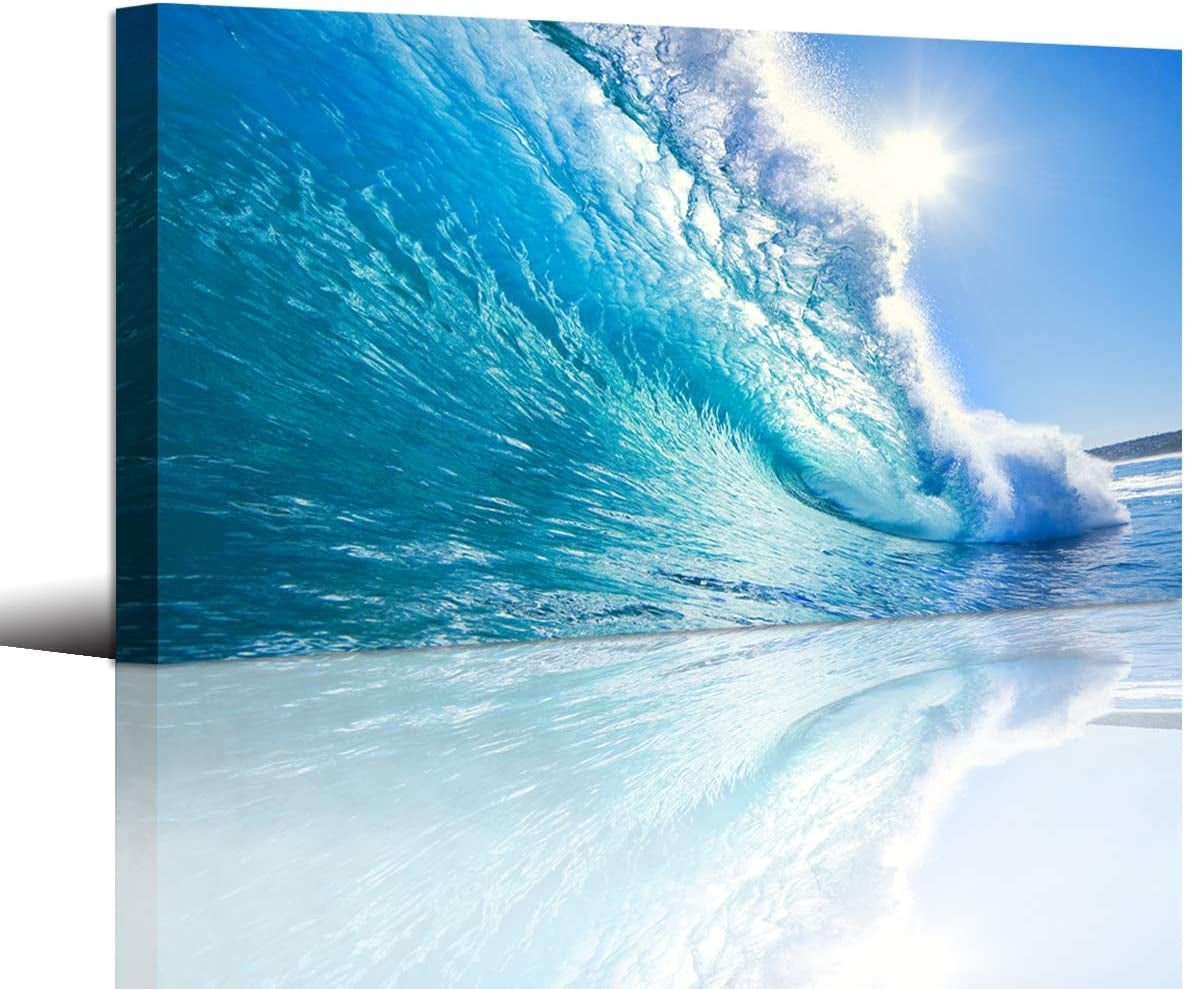 Blue Secape Canvas Prints Wall Art Blue Ocean Wave Surfing Sea Picture Paintings on Canvas, Modern Canvas Art Ready to Hang-24X48 Inches