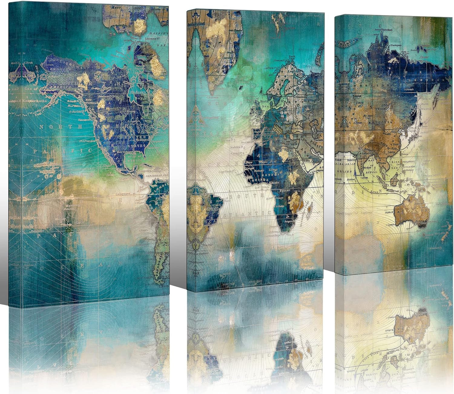  World Map Wall Decor - Large Wall Art,  Artwork- Map Wall Art 16"X32" 3 Piece Canvas Wall Art